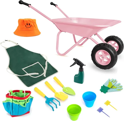 Miniatura 13 de 3T GROUP Juego de carretilla para niños, carretilla de metal para niños, barril de rueda para todas las estaciones, arena y suciedad, pala de nieve
