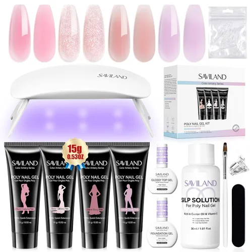 Miniatura 15 de SAVILAND Kit de uñas de polygel sin hema para regalo bonito: kit de inicio de uñas de polygel de 36 colores con solución deslizante y mini lámpara