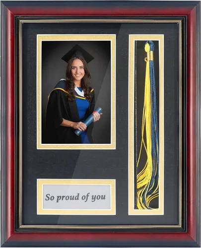 GMFrames Marco de caja de sombra de fotos de graduación con soporte de borla para fotos de 4 x 6, vidrio real de madera maciza, doble paspartú negro