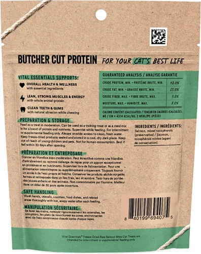 Miniatura 2 de Vital Essentials Golosinas liofilizadas para gatos Mordeduras de salmón, proteína única Calidad premium Sin granos, golosinas crujientes