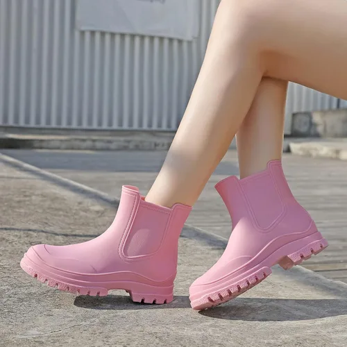 Miniatura 5 de Hsttgsr Botas de lluvia para mujer, cómodos botines elásticos para adultos, botas Chelsea de tacón medio a la moda, impermeables, antideslizantes