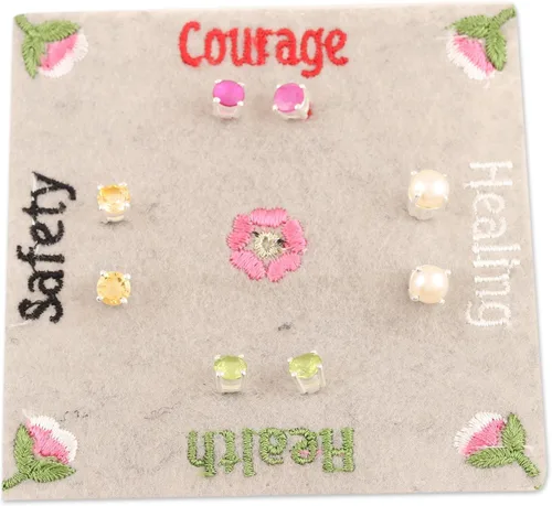 Miniatura 4 de NOVICA Aretes de plata de ley 925 hechos a mano con piedras preciosas de la India cultivadas de agua dulce, rubí citrino y peridoto 0.2 pulgadas