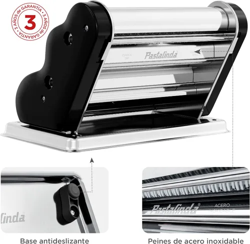 Miniatura 8 de PASTALINDA Máquina para hacer pasta Classic 260, rodillos de 10.2 in de ancho, 9 posiciones de grosor, 2 posiciones de corte, acero inoxidable. Negro