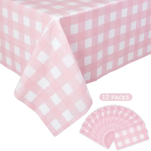 Miniatura 9 de Kesfey Paquete de 3 manteles a cuadros, color rosa y blanco, 54x108 pulgadas, desechables, de plástico, impermeables, rectangulares, para mesa