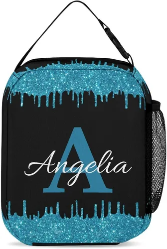 Miniatura 2 de Bolsa de almuerzo con nombre personalizado para hombres y mujeres, con monograma de purpurina azul, hielera, portátil, con nombre, para niñas, azul