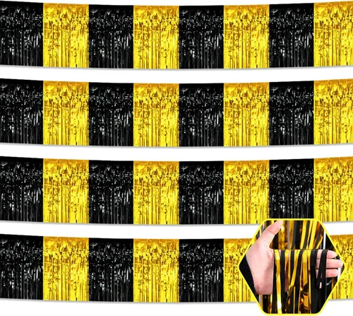 Miniatura 24 de Paquete de 4 guirnaldas de flecos de papel de aluminio negro de 10 pies con serpentinas metálicas de oropel para colgar en la pared, telón de fondo
