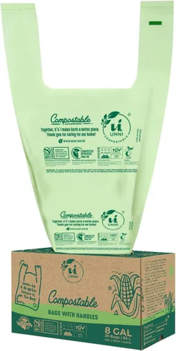 Bolsas de camiseta compostables UNNI con asas de lazo, 8 galones / 30 litros, 30 unidades, forros de compost de cocina media de 0.80 mil,