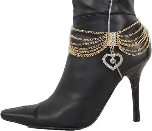 Miniatura 5 de TFJ - Pulsera de cadena para botas de moda occidental para mujer, diseño de metal dorado, con dije de corazón