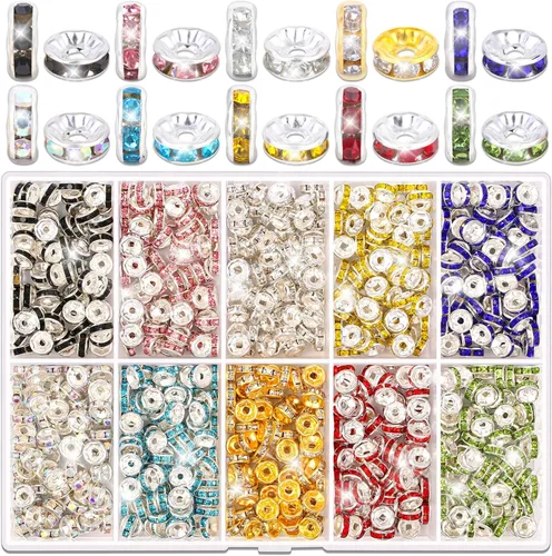 Miniatura 8 de Cuentas espaciadoras redondas para hacer joyas, 600 piezas de cuentas espaciadoras con diamantes de imitación, separadores de cuentas de cristal