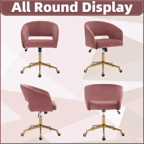 Miniatura 8 de ABET Silla de escritorio con ruedas, silla de oficina en casa de terciopelo, silla giratoria con base dorada, sillas acentuadas modernas tapizadas