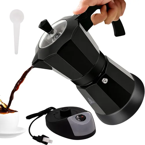 Olla eléctrica de aluminio para moka de 5 a 6 tazas, 9.1 fl oz, con base desmontable, ideal para el hogar, cafetera italiana y cubana, cafetera Negro