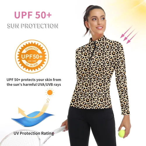 Miniatura 54 de WOWENY Camiseta deportiva de manga larga para mujer, con cremallera de un cuarto, cuello para entrenamiento, camiseta de tenis con estampado