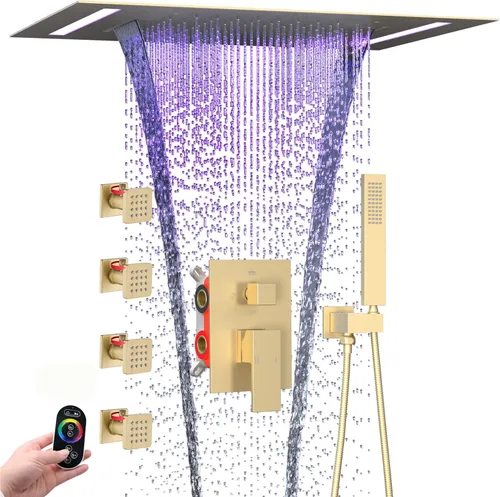 Miniatura 14 de ENGA Sistema de cabezal de ducha de lluvia doble, 2 en 1 funciones de montaje en techo, cabezal de ducha LED de 14 x 20 pulgadas con cabezal de Oro