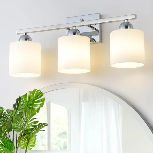 Miniatura 20 de Mecgirn Luces de tocador de vidrio de leche de acero inoxidable para baño, 2 lámparas de baño doradas claras sobre espejo, enchufes E26 de cerámica