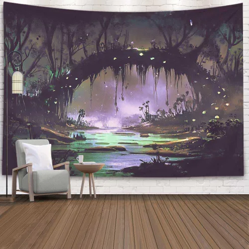Miniatura 11 de EMMTEEY Tapiz de pared con bosque - Árbol de pino verde y niebla, arte de pared natural, 80x60 pulgadas, tapiz grande de estilo bohemio para sala