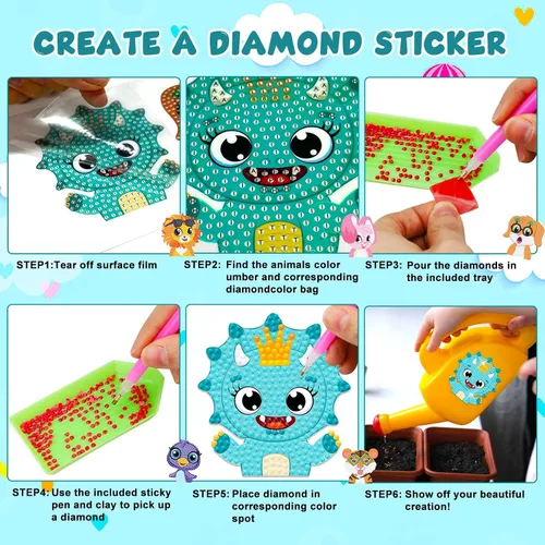 Miniatura 6 de Mczan Juego de 18 calcomanías de pintura de diamantes de animales para niños, kits de arte de gemas para artes y manualidades, kits de arte