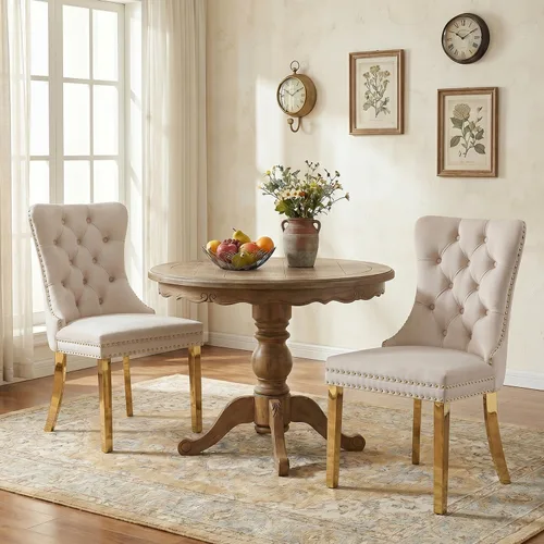 Miniatura 78 de SoarFlash Juego de 2 sillas de comedor de tela de lino, sillas de comedor tapizadas con ribete de cabeza de clavo y patas de madera de color claro