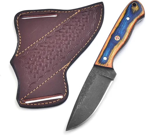 Cuchillo de caza hecho a mano de hoja fija de espiga completa - Cuchillos Scandi de supervivencia al aire libre de acero 1095 para bushcraft, Madera