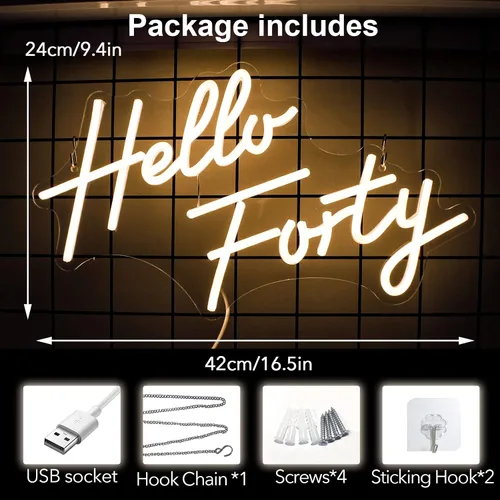 Miniatura 4 de Letrero LED de neón para decoración de cumpleaños número 40, arte de pared USB regulable de 16.5 x 9.4 pulgadas con tablero acrílico - Brillo blanco