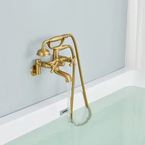 Miniatura 3 de Clawfoot - Grifo de bañera de montaje en pared, grifos de bañera de oro cepillado con ducha de mano, con forma de teléfono vintage, ajustable de 3 a