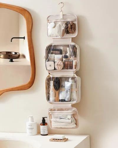 Miniatura 9 de EACHY Bolsa de Aseo Colgante de Viaje, Organizador de Maquillaje de Cuero PU con 4 Compartimentos Impermeable Tamaño Completo Artículos Esenciales