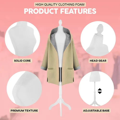 Miniatura 3 de Forma de vestido de maniquí de 49.6 a 63.7 pulgadas, altura ajustable, cuerpo de maniquí, espuma de alta densidad con trípode de madera, base