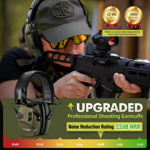 Miniatura 2 de Orejeras de protección electrónica contra el ruido (NRR22dB) de ZOHAN EM054, Verde 1pack - verde