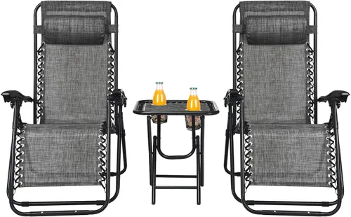 HAPPYGRILL Juego de sillas de salón Zero Gravity con mesa auxiliar, sillas reclinables plegables con mesa auxiliar y almohada, juego de 3 piezas