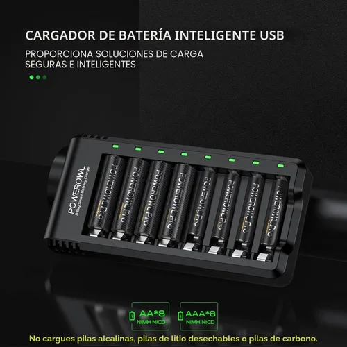 Miniatura 2 de Powerowl Cargador de Batería de 8 Compartimentos AA AAA, Carga USB de Alta Velocidad, Compartimento Independiente, para Baterías Recargables Ni-MH
