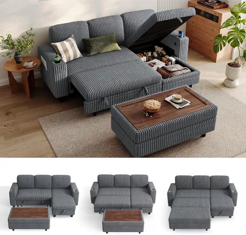 Miniatura 22 de LINSY HOME - Sofá cama extraíble modular con sección para dormir, con almacenamiento, sofá seccional de pana mullida para sala de estar, sofá cama