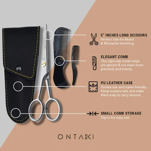 Miniatura 5 de Ontaki Tijeras para recortar barba y bigote, 5 pulgadas, color plateado, paquete de 1, kit de cuidado de bigote con peine de viaje, bolsa de viaje