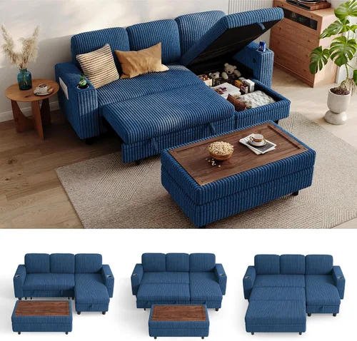 Miniatura 34 de LINSY HOME - Sofá cama extraíble modular con sección para dormir, con almacenamiento, sofá seccional de pana mullida para sala de estar, sofá cama
