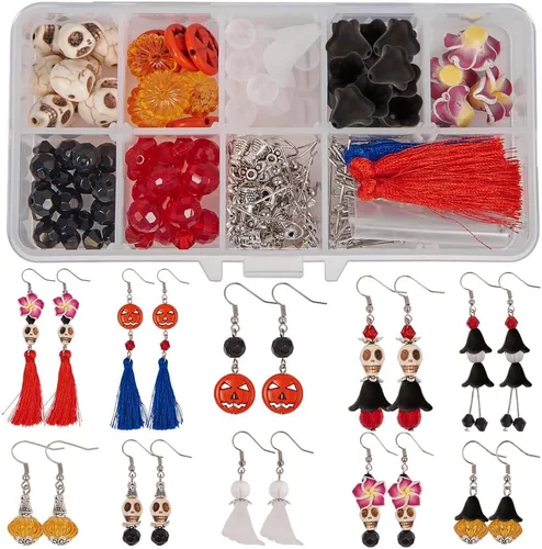 SUNNYCLUE 1 caja de bricolaje para hacer 10 pares de aretes colgantes con temática de Halloween, kits de fabricación de joyas, calavera, calabaza,