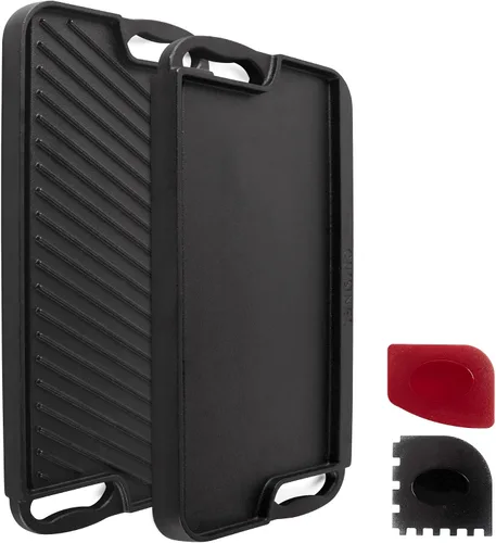 Miniatura 9 de Cuisinel Parrilla de hierro fundido + rascador/limpiador, reversible, pre-sazonado, de 16.75 x 9.5 pulgadas, sartén plana de doble mango y sartén