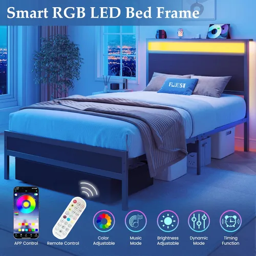 Miniatura 7 de Fluest Base de cama individual, base de cama individual con cabecera de almacenamiento y cajón de almacenamiento, estación de carga y luz LED,