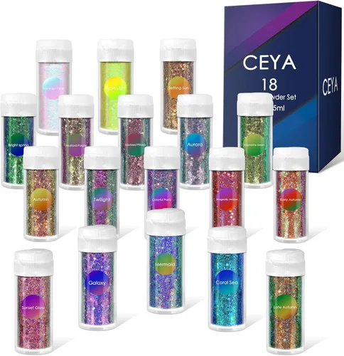 Ceya - Juego de purpurina camaleón gruesa de 18 colores, 6.3 oz/180 g, polvo de purpurina artesanal con cambio de color, cada 15 ml, copos de