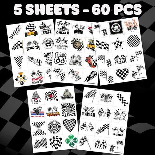 Miniatura 3 de 60 calcomanías de tatuajes temporales en blanco y negro con divertidos diseños de carreras de autos de carreras, suministros de decoración