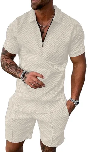 Aulemen Conjunto deportivo de 2 piezas con cremallera para hombre, manga corta, camiseta polo y pantalones cortos, conjuntos de verano para hombre