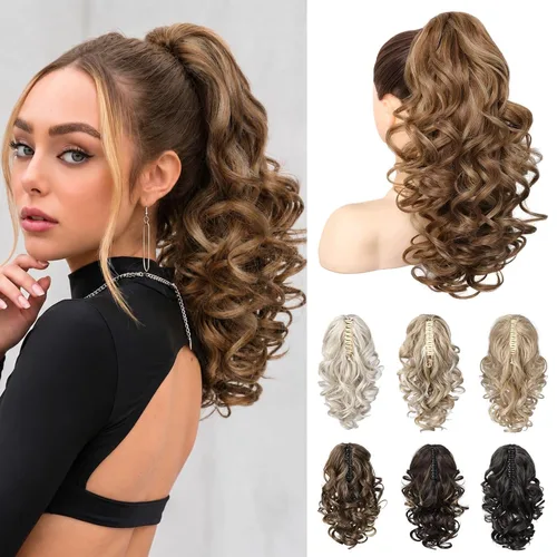 Miniatura 13 de REECHO Extensión de cola de caballo de 12 pulgadas, pinza de cola de caballo rizada y ondulada clásica para mujeres - Negro