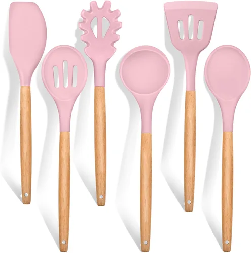 Miniatura 15 de E-far Juego de 6 utensilios de cocina de silicona con mango de madera, utensilios de cocina antiadherentes y resistentes al calor, incluye Gris