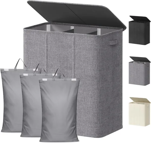 Miniatura 15 de Lifewit Cesta de lavandería doble con tapa y bolsas de lavandería extraíbles, gran plegable, 2 divisores, cesta de ropa sucia con asas para Negro