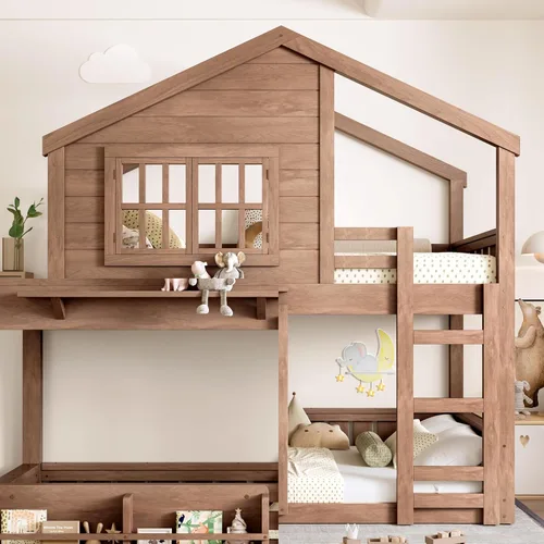 Miniatura 32 de Litera de casa individual sobre cama individual con tobogán convertible y nido, litera de madera maciza con techo y ventana para niños, verde-blanco