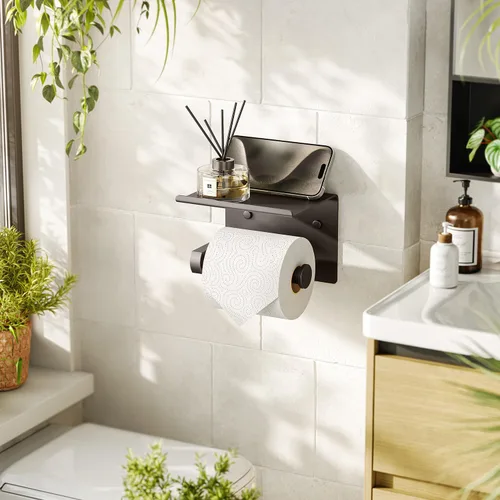 Miniatura 2 de Tindbea Soporte de papel higiénico con estante para teléfono, soporte de pared adhesivo o con tornillos, soporte de rollo de papel higiénico