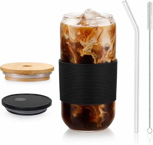 Miniatura 15 de Taza de bambú de vidrio de 16 onzas con tapa y pajita, juego de tazas de café de vidrio de 16 onzas, batido, cerveza, jugo, matcha, vasos estéticos