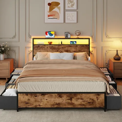 Miniatura 4 de Forestell Full Size Bed Frame with Storage Headboard & 6 Drawers, Metal Platform Bed Frame with LED Lights & Charging Station, 2 Tier Shelf Storage