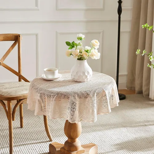 Miniatura 2 de Warm Home Designs Mantel de encaje dorado de lino, mantel redondo pequeño de 48 pulgadas de diámetro. Mantel floral, superposición rústica o mantel