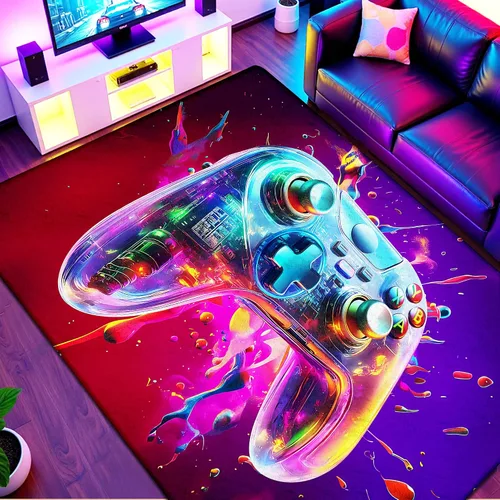 Miniatura 13 de Alfombra de área de juegos neón de 3 x 5 pies para habitación de niños, alfombra colorida de control de juegos para decoración de habitación
