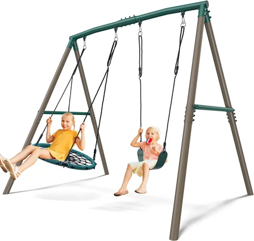 Hapfan Juego de columpios de 7.5 pies de altura para patio trasero, juego de columpio resistente de 500 libras para niños y adultos con columpio de