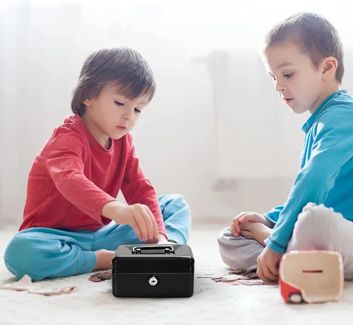 Miniatura 7 de Jssmst - Caja de dinero pequeña con cerradura, cajas de bloqueo metálicas para niños, caja de dinero con ranura en la parte superior, caja de Negro