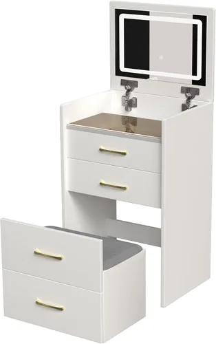 Miniatura 8 de Escritorio de tocador 3 en 1 con espejo abatible y luces, tocador compacto con silla oculta, escritorio de vidrio visible, 3 cajones, 3 modos